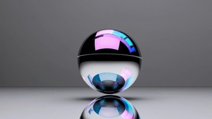 Poster - Glass sphere with pink and blue reflections floating above a reflective surface, creating a visually appealing contrast against the gray backdrop