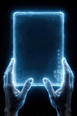 Poster - Futuristic glowing hologram of hands and technology device interface