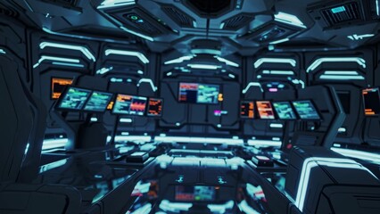 Poster - Multiple computer screens and control panels are illuminating a futuristic spaceship bridge, suggesting advanced technology and space exploration