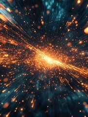 Poster - Futuristic digital art showing a burst of energy with glowing particles in motion, symbolizing quantum physics or data flow.