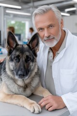 Poster - Veterinarian Comforting German Shepherd in Clinic, Symbolizing Animal Healthcare and Compassionate Veterinary Medicine for Pet Adoption Campaigns : Generative AI