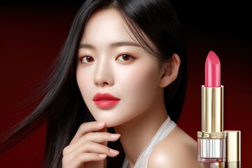Aufkleber - Elegant Asian Woman with Red Lipstick and Flowing Black Hair, Showcasing Beauty and Cosmetic Advertising : Generative AI