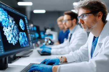 Poster - Scientists Working on Computers in Lab, Analyzing Data, Representing Medical Breakthroughs and Pharmaceutical Research for Healthcare Innovation : Generative AI