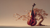 Cello stands beside twisted tree with flowing ribbons creating visuals with light and shadow in serene outdoor setting
