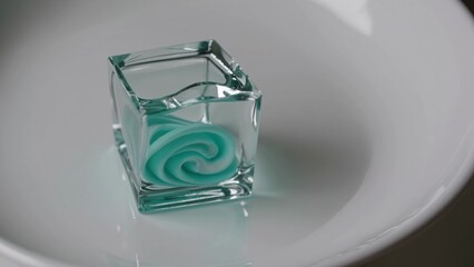 Poster - Turquoise abstract sculpture submerged in water inside a glass cube resting on a white plate, creating a minimalist and artistic composition