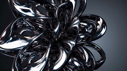 Poster - Shiny, metallic ribbons intertwine and twist, creating a mesmerizing abstract sculpture with a complex, organic form against a subtle gray backdrop