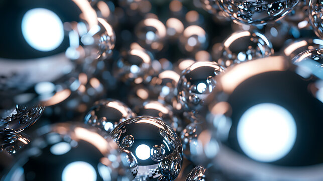 A cluster of chrome spheres creates a shiny metallic abstract background with reflections and a modern aesthetic