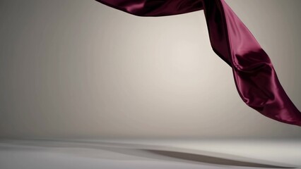 Poster - Luxurious burgundy silk fabric flowing gracefully in the air, creating elegant folds and curves against a neutral background, perfect for showcasing fashion, textiles, or abstract concepts