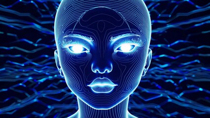 Poster - Wireframe face with glowing eyes appearing from a flowing stream of digital data, representing the emergence of artificial intelligence and its connection to the digital world