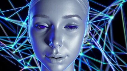 Poster - Silver female android with closed purple eyes is connecting to a digital network of blue lines, representing the future of artificial intelligence and its integration with technology