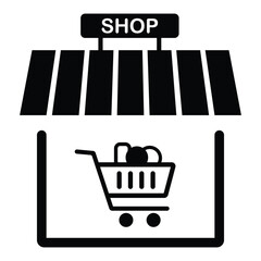 Poster - Store icon. Small shop icon, vector isolated on white background. Shopping building or market store, shopping cart icon. Vector illustration. EPS 10