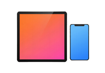 Poster - Digital Tablet with Orange Pink Gradient Screen and Blue Smartphone on Transparent Background