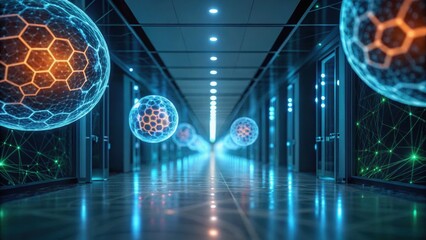 Poster - Futuristic hallway featuring glowing spherical shapes and a high-tech ambiance, creating a sense of advanced technology and innovation.