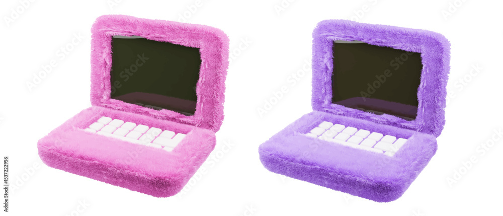 Fluffy Computer Realistic fluffy girls 3d laptop isolated on white background. Pink and ...