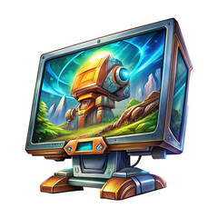 Poster - Futuristic Display Device Depicting an Abstract Landscape with a Robot Structure