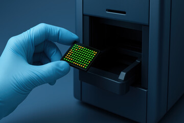 Poster - Hand in Blue Glove Inserting Microarray Slide into Laboratory Equipment for Analysis of Data