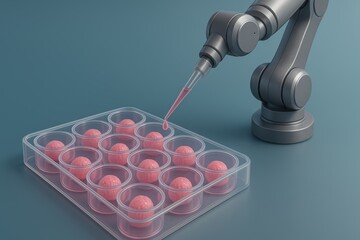 Poster - Robotic Arm Depositing Liquid into Transparent Tray with Small Spheres on Blue Background