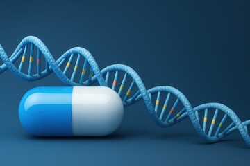 Poster - Blue Capsule with DNA Helix in Background Representing Genetic Research and Medicine Concepts