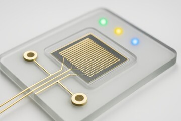 Poster - Detailed Close-up of Microchip with Gold Connectors and Colorful Indicator Lights on White Background