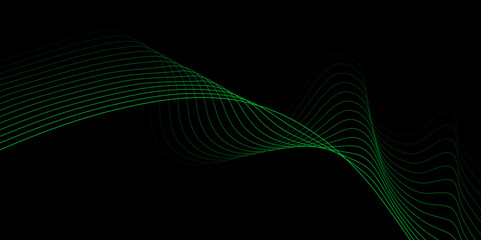 Poster - Abstract green gradient color wavy lines on black background.