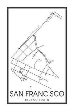 Hand drawn printable downtown road map poster of district SAN FRANCISCO of the Spanish city of BILBAO on solid white background with city name