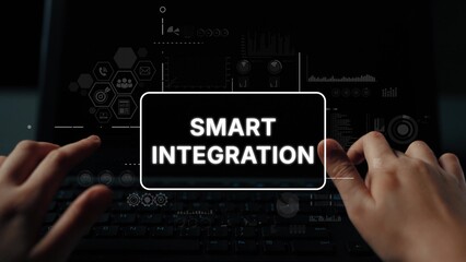 Fototapete - Hands Typing on Keyboard with Smart Integration Concept and Technology Background for Digital Transformation Solutions. Asymptotic smart data analytic.