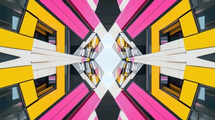 Poster - A symmetrical view of modern architecture featuring vibrant pink, yellow, and black geometric patterns. The design showcases a contemporary urban aesthetic.