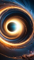 Wall Mural - dramatic cosmic scene depicting a black hole with swirling bands of orange light against a deep blue