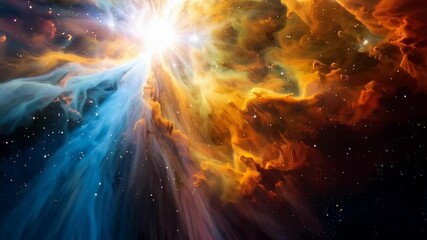 Wall Mural - vibrant cosmic nebula with bright center explosion and star dust cloud formations in blue, orange, a