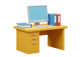 Aufkleber - Yellow Desk with Computer Monitor Books and Folders on Transparent Background