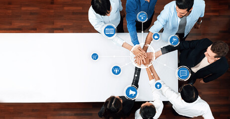 Poster - A diverse group of professionals comes together in a modern office space to symbolize teamwork and collaboration, sharing ideas and planning strategies for success. Amity