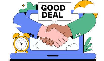 Fototapete - Find online deals business partnership handshake concept vector illustration agreement meeting deal done editable stock vector illustration