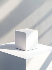 Poster - White cube on white background with sunlight shadows.