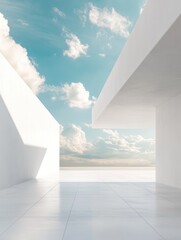 Poster - abstract white architecture design with blue sky and clouds.