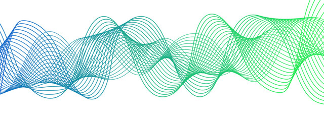 Poster - Abstract digital background with smooth, overlapping waveforms made of thin, translucent blue and cyan lines. Lines curve in fluid, harmonic motions with modern, minimalistic, and futuristic visual