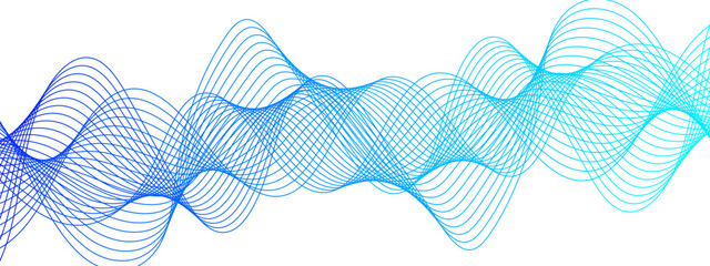Poster - Abstract digital background with smooth, overlapping waveforms made of thin, translucent blue and cyan lines. Lines curve in fluid, harmonic motions with modern, minimalistic, and futuristic visual