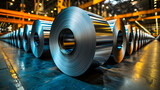 Rolls of steel in an industrial manufacturing plant