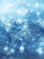 Poster - light blue background with a digital world map and global network connections, representing the concept of international business or connectivity