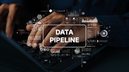 Poster - Hands Typing on Laptop with Data Pipeline Visualization and Digital Graphic Elements in Background. Asymptotic smart data analytic.