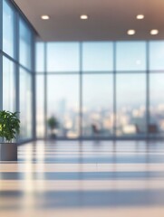 Poster - Beautiful blurred background of a light modern office interior with panoramic windows and beautiful lighting.