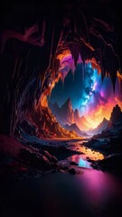 Wall Mural - dramatic landscape with cave entrance framing colorful cosmic sky and mountain silhouettes reflected