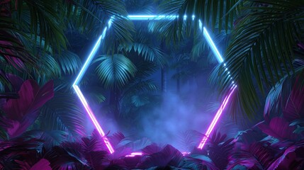 Poster - Neon hexagon shape glowing in a tropical jungle at night in 80s synthwave style