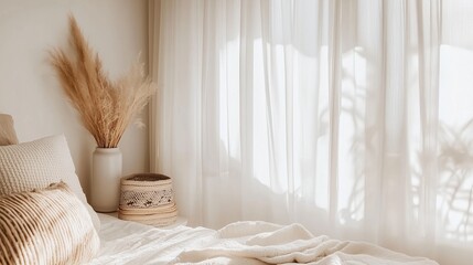 Poster - Bright and inviting bedroom with natural decor and sunlight streaming through sheer curtains