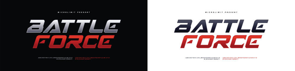 Poster - Battle Force: A dynamic, futuristic slanted typeface perfect for sports logos, tech branding, and movie titles. Includes uppercase and numerals. Vector illustration