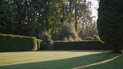 Poster - Warm sunlight bathes a meticulously manicured garden, casting long shadows across the vibrant green lawn and highlighting the varied textures of hedges and trees
