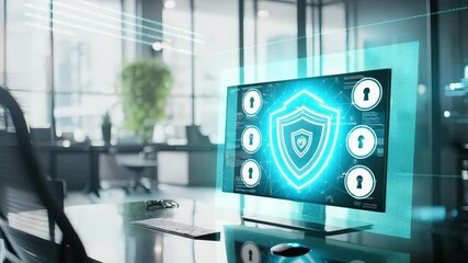 Poster - A modern office desk with a computer screen displaying a digital security shield symbol, signifying cybersecurity protection.