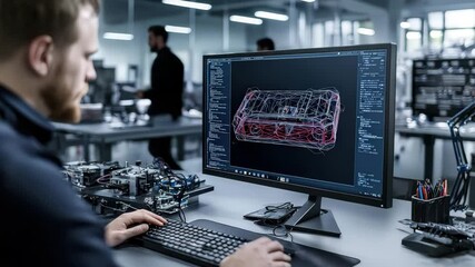 Poster - An engineer works at a computer designing a 3D model of an electronic device in a modern, high-tech lab.