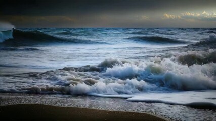 Aufkleber - A powerful ocean wave crashes dramatically near the shore, illuminated by golden light against a dark, moody sky.