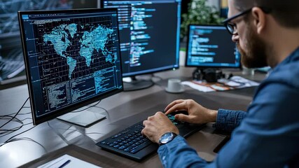 Poster - A person working at a desk with multiple monitors displaying code and a digital world map interface.