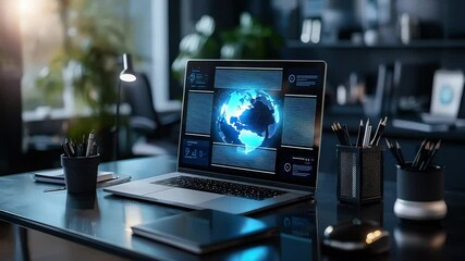 Aufkleber - A modern laptop displaying a digital globe sits on a sleek office desk surrounded by stationery in a contemporary workspace.